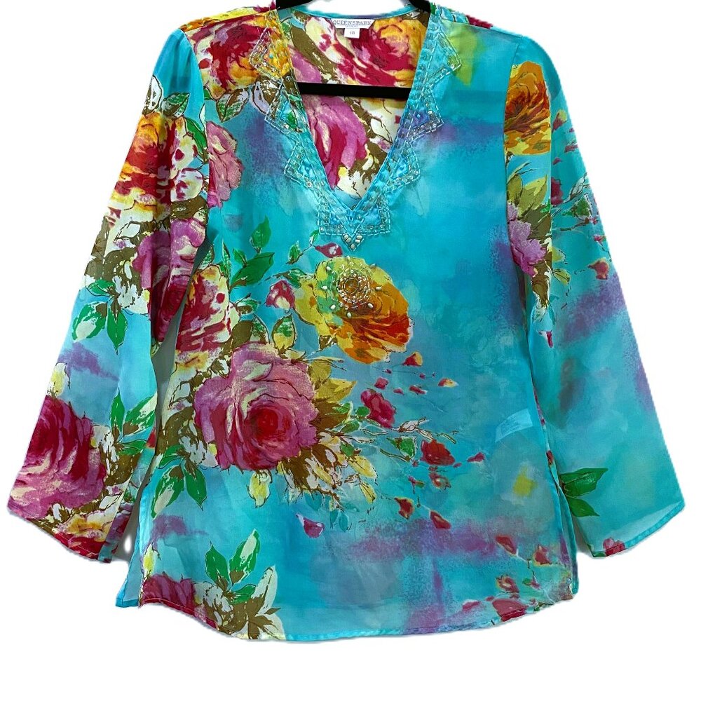 Queenspark | Floral V-Neck Beaded/Sequin Tunic Top | Size 10 Women's